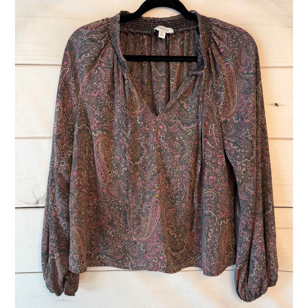 Evereve Paisley Smocked Neck Blouse Pink Gold Charcoal Long Sleeve Top Medium